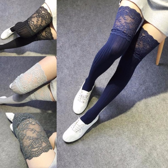 Women's Thigh High Lace Socks Black Stockings NWT - Picture 5 of 8